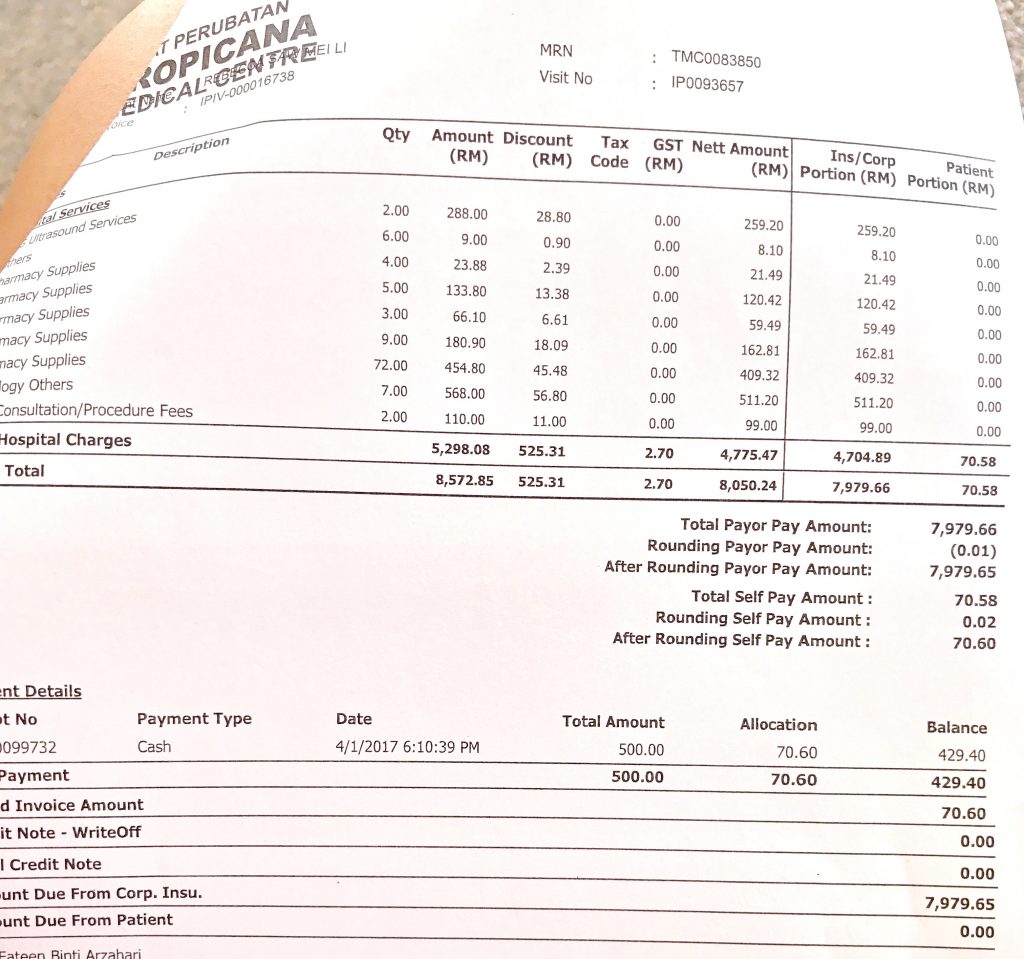 JAN 2017 - TROPICANA MEDICAL CENTRE BILL